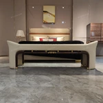 Elegant Beige Leather Bed Bench with Natural Wood Veneer & Gold Accents